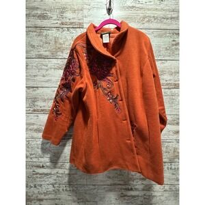 Wearable Art Orange Embroidered Fleece Jacket Women 1X